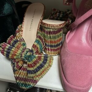 Loeffler Randall Penny pleated metallic rainbow stripe slide mule sandals